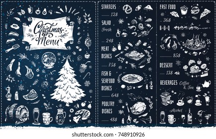 Christmas Menu template. Chalk icons on Blackboard - Christmas tree, meat, poultry, fish, beverages, desserts. Calligraphy. Isolated vector