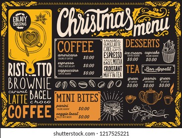 Christmas menu template for coffee house on a blackboard background vector illustration brochure for xmas day celebration. Design poster with vintage lettering and holiday hand-drawn graphic.