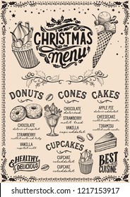 Christmas menu template for dessert restaurant and cafe vector illustration brochure for xmas dinner celebration. Design poster with vintage lettering and holiday hand-drawn graphic decorations.