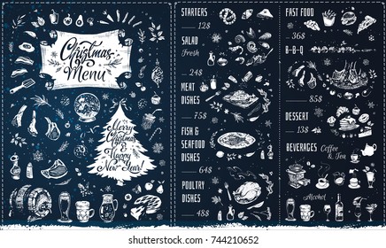 Modèle de menu Noël. Doodles Chalk sur tableau noir - sapin de Noël, viande, volaille, poisson, boissons 