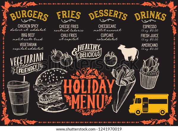 Christmas menu template for food truck on\
chalkboard background vector illustration brochure for xmas night\
celebration. Design poster with vintage lettering and holiday\
hand-drawn graphic.