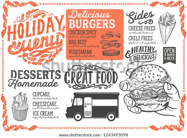 Christmas menu template for food
truck vector illustration brochure for xmas night celebration.
Design poster with vintage lettering and holiday hand-drawn
graphic.