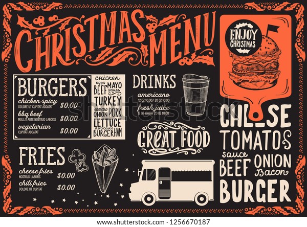 Christmas menu template for food truck on\
blackboard background vector illustration brochure for xmas night.\
Design poster with vintage lettering and holiday hand-drawn graphic\
decorations.