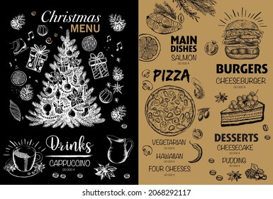 Christmas menu template, Hand drawn illustration.	