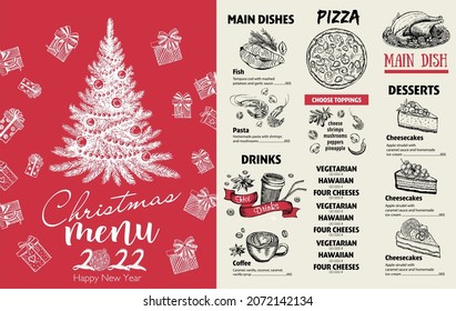 Christmas menu template, Hand drawn illustration.