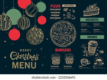 Menú de Navidad, plantilla, ilustración dibujada por mano.	