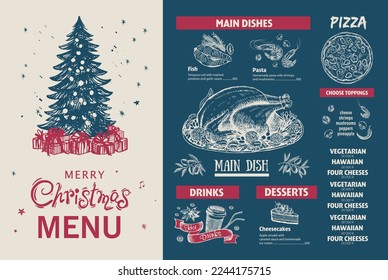 Christmas menu, template, Hand drawn illustration.