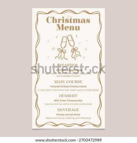 Christmas menu template with hand-drawn cheers glass in white gold theme. Vector illustration restaurant or cafe set menu with starter food, main course, dessert and beverage.