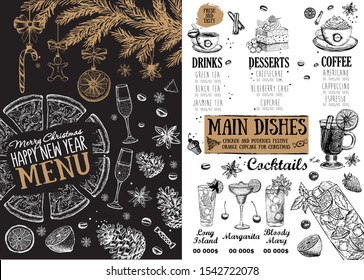 Christmas menu template. Happy New Year party. Hand drawn illustration