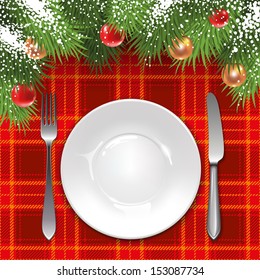 Christmas menu template with holiday decorations and tartan tablecloth.