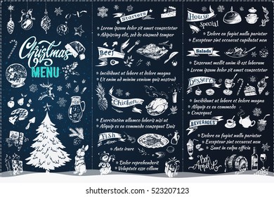 Christmas menu. template, isolated vector. vintage. icon, calligraphy & sketches - xmas, food, drinks, dessert, tree, snowflakes, toys, chalk. Restaurant Menu Design