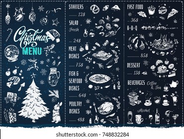 Christmas Menu. Template, Isolated Vector. Vintage Chalk Icon, Calligraphy & Sketches - Xmas, Food, Drinks, Dessert, Tree, Snowflakes, Toys. Restaurant Menu Design