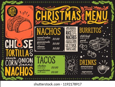 Christmas menu template for mexican restaurant and cafe on a blackboard background vector illustration brochure for xmas dinner. Design poster with vintage lettering and holiday hand-drawn graphic dec