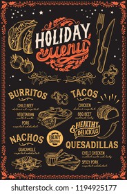 Christmas menu template for mexican restaurant and cafe on a blackboard background vector illustration brochure for xmas dinner celebration. Design poster with vintage lettering and holiday hand-drawn