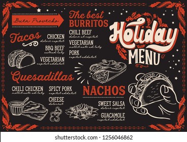 Christmas menu template for mexican restaurant and cafe on a blackboard vector illustration brochure for xmas dinner celebration. Design poster with vintage lettering and holiday hand-drawn graphic.