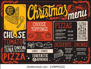 Christmas menu template for pizza restaurant and cafe on a blackboard background vector illustration brochure for holiday dinner celebration. Design poster with vintage lettering and graphc.