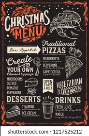 Christmas menu template for pizza restaurant and cafe on a blackboard background vector illustration brochure for xmas dinner celebration. Design poster with vintage lettering and holiday graphic.