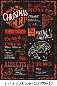 Christmas menu template for pizza restaurant and cafe on a blackboard background vector illustration brochure for xmas dinner celebration. Design poster with lettering and holiday hand-drawn graphic.