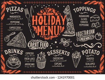 Christmas menu template for pizza restaurant on a blackboard background vector illustration brochure for xmas dinner celebration. Design poster with vintage lettering and holiday hand-drawn graphic.