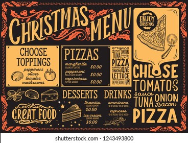 Christmas menu template for pizza restaurant and cafe on a blackboard background vector illustration brochure for xmas dinner. Design poster with vintage lettering and holiday hand-drawn graphic.