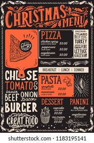 Christmas menu template for restaurant and cafe on a blackboard background vector illustration food brochure for xmas dinner celebration. Design with vintage lettering and holiday graphic.
