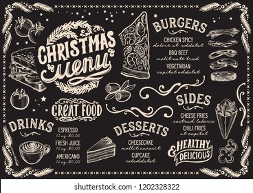 Christmas menu template for restaurant and cafe on a blackboard background vector illustration for xmas food dinner celebration. Design poster with vintage lettering and holiday hand-drawn graphic.