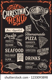Christmas menu template for restaurant and cafe on a blackboard background vector illustration food brochure for xmas dinner celebration. Design poster with vintage lettering and holiday graphic.