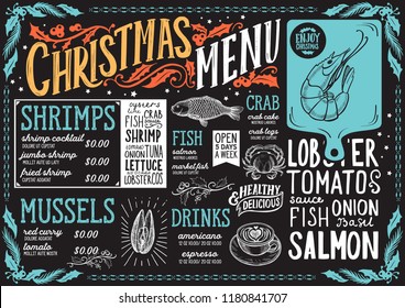 Christmas Menu Template For Seafood Restaurant And Cafe On A Blackboard Vector Illustration Brochure For Xmas Dinner Celebration. Design Poster With Vintage Lettering And Holiday Hand-drawn Graphic.