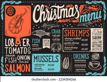 Christmas menu template for seafood restaurant on a blackboard background vector illustration brochure for xmas dinner celebration. Design poster with vintage lettering and hand-drawn graphic.
