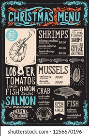 Christmas menu template for seafood restaurant and cafe on a blackboard background vector illustration brochure for xmas dinner celebration. Design poster with lettering and holiday hand-drawn graphic