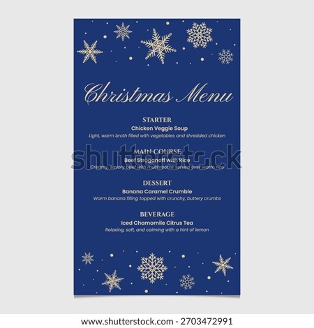 Christmas menu template with snowflakes in blue gold theme. Vector illustration restaurant or cafe set menu with starter food, main course, dessert and beverage.