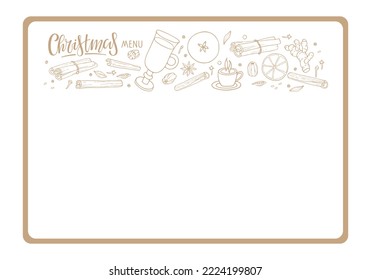 Christmas menu template with spice and drink, fruits sketch. Organic food printing poster for holiday dinner. Food restaurant cuisine menu template vector sketch illustration. Drinks and food. 