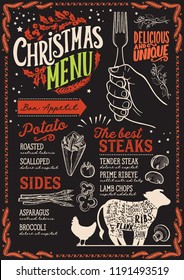 Christmas menu template for steak restaurant and cafe on a blackboard background vector illustration brochure for xmas dinner celebration. Design poster with lettering and holiday hand-drawn graphic.