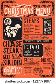 Christmas menu template for steak restaurant and cafe on red background vector illustration brochure for xmas dinner celebration. Design poster with vintage lettering and holiday hand-drawn graphic.
