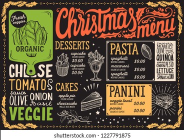 Christmas menu template for vegetarian restaurant and cafe on a blackboard background vector illustration brochure for xmas dinner. Design poster with vintage lettering and holiday hand-drawn graphic.