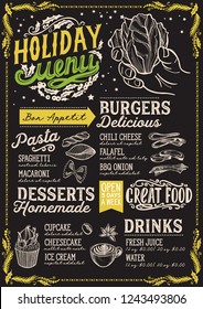 Christmas menu template for vegetarian restaurant and cafe on a blackboard background vector illustration brochure for xmas dinner celebration. Design poster with vintage lettering and holiday graphic