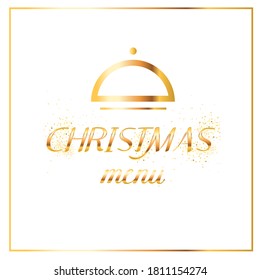 Christmas menu text Golden with sequins and logo plate with lid. For new year's menu of cafes and restaurants