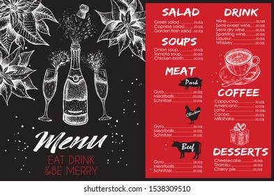 Christmas menu. Vector hand drawn illustration. Design template. 