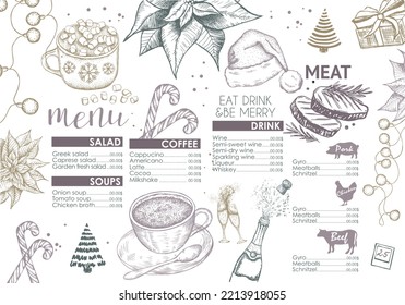 Christmas menu. Vector hand drawn illustration. Design template.	