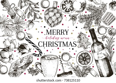 Christmas Menu. Vector Sketched Vintage Style Banner.Holiday Restaurnat Promotion. Xmas Decorations And Food. Cotton, Gingerbread Cookies, Cocoa, Wine, Vegetables. New Year Party. Business Promotion