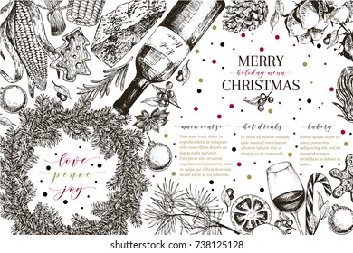 Christmas menu. Vector sketched vintage style banner.Holiday restaurnat promotion. Xmas decorations and food. Cotton, gingerbread cookies, cocoa, wine, vegetables. New Year party. Business promotion