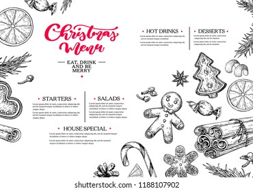 Christmas menu. Winter restaurant and cafe sketch template. Vector hand drawn illustration with  pine cone, gingerbread man cookies, fir tree, candy and spices. Engraved traditional xmas food.