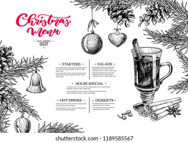 Christmas Menu. Winter Restaurant And Cafe Sketch Template. Vector Hand Drawn Illustration With Pine Cone, Mulled Wine, Fir Tree, Ball Toys, Spices. Engraved Traditional Xmas Food And Drink.