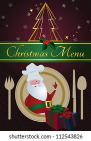 Christmas Menu/Santa with chefs hat,dinnerware ,presents,and golden Christmas tree(Menu design)