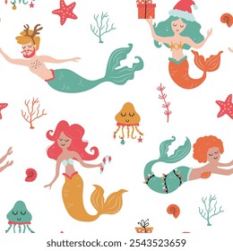 Christmas Mermaid seamless pattern. Cute Mermaid with Christmas elements and jellyfish.	