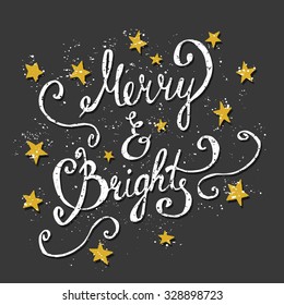 Christmas Merry and Bright Hand Crafted Inspirational Quote Poster. Motivation Quote, Vector Background in Retro Vintage Style, use for greeting cards, web templates, invitation