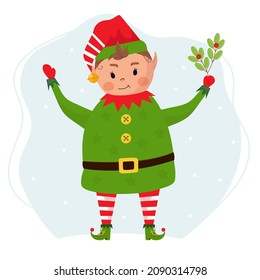 Christmas merry elf holding a twig
The illustration is isolated on a white background.