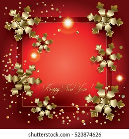 Christmas. Merry Christmas Happy New Year 2023 greeting card gold foil snowflakes and glitter confetti 3d Vector illustration Festive luxury background. Winter Holiday Christmas gold decor winter sign