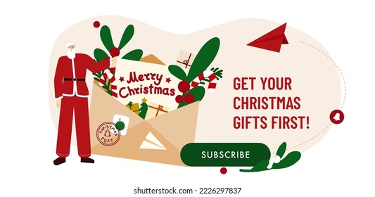 Christmas message banner.  Vector illustration for for New Year newsletter. Santa Claus with Open red envelope, flowers, branches and lollipop. Holiday template with text Merry Christmas.