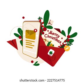 Christmas message banner. Vector illustration for New Year newsletter. Open  envelope with wishes, flowers, branches and lollipop with a smartphone. Holiday template with text Merry Christmas.